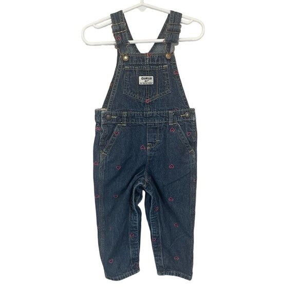 Oshkosh B'Gosh Girls 24 Months Vestbak Denim Bib Overalls Hearts Embroidered - Picture 1 of 9